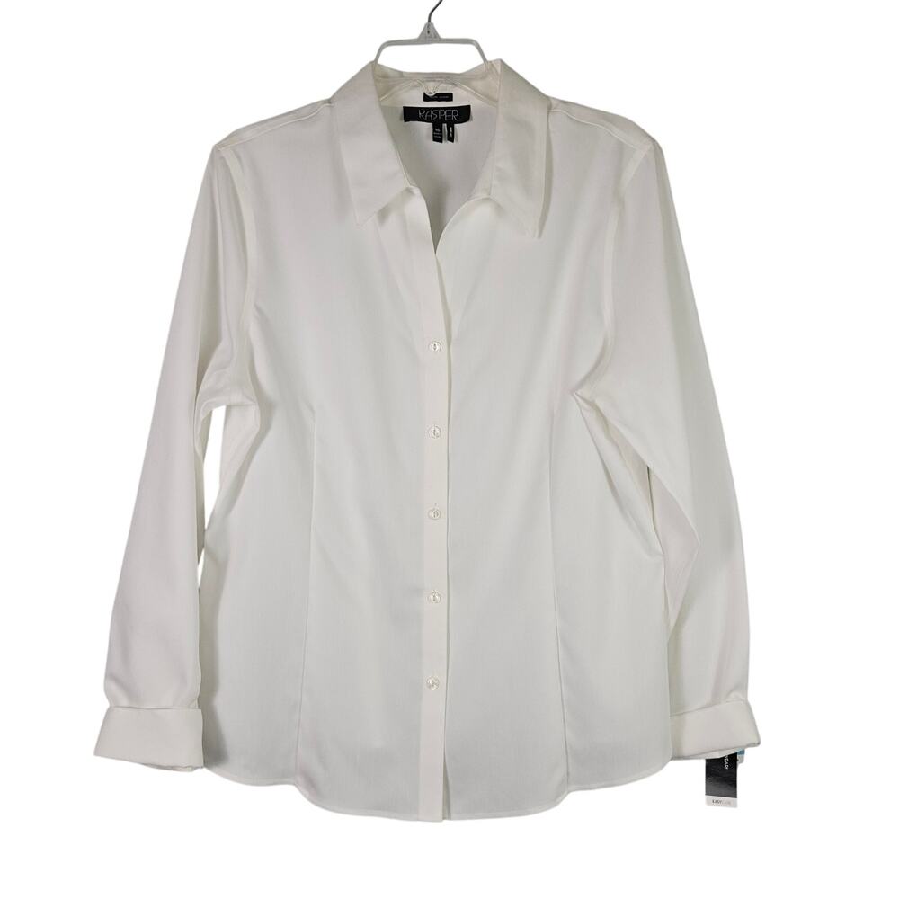 NWT Kasper Womens 16 White Longsleeve Button up Easy Care Shirt Career Classic